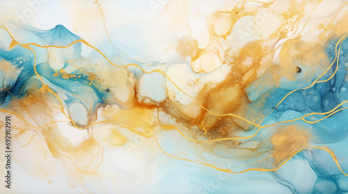 Marble ombre, alcohol ink, abstract art. Background made of white, gold and light blue paints, gold veins. Generative AI