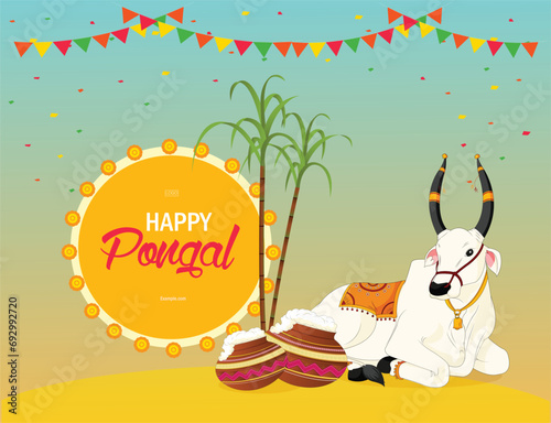 Vector illustration Happy Pongal with sugarcane and cow banner editable template with light background