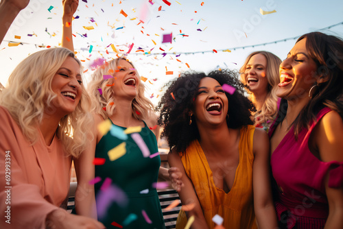 Group of friends having fun enjoying summer party celebration throwing confetti in the air, young multiracial hipster people having fun at weekend event outdoors