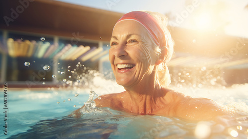 Happy active senior woman enjoying retirement in swimming pool, healthy retired lifestyle concept