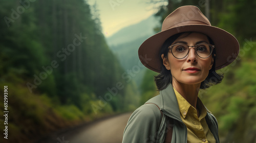 Une randonneuse avec un chapeau devant une forêt