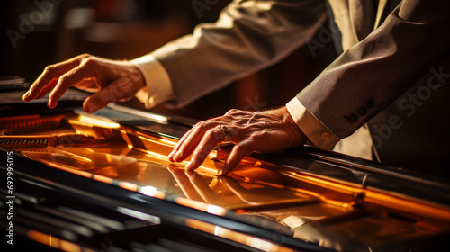 A pianist's hands reflected in the glossy surface of a piano, capturing the elegance and sophistication inherent in their art.