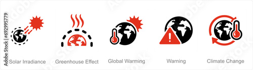 A set of 5 climate change icons as solar irradiance, greenhouse effect, global warming