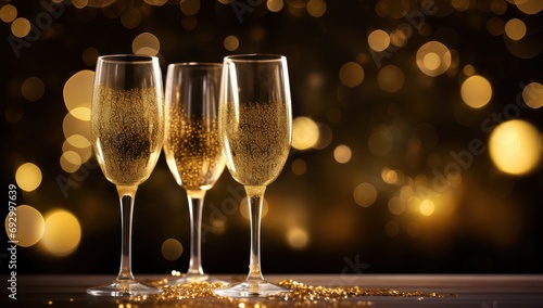 Glasses of sparkling wine in front of tender bright gold bokeh. Holiday golden glitter confetti, new year banner 2024