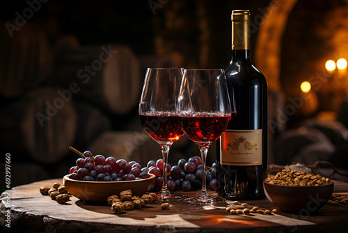 Glass and a bottle of wine on the background of barrels in the cellar,