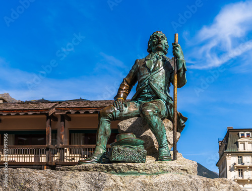 Bronze statue of Michel Gabriel Paccard, famous for his first successful ascent of Mont Blanc in 1786, in Chamonix, Haute Savoie, France