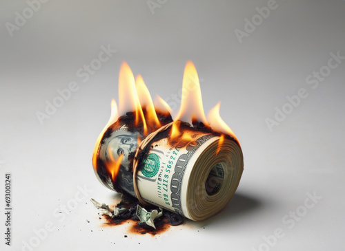 Burning money, collection of banknotes with flames isolated on a white background, finance concept for inflation, currency and investment risk, selected focus.