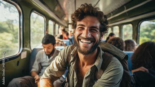 a happy tourist traveling by train and holding a map and looking