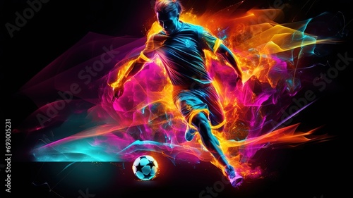 Young sporty athletic man wearing in red sport clothes, soccer football player in action on dark neon background. Concept of sport, game, action. Copy space for ad. Modern design background. AI.