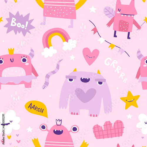 Cute girly pattern with funny pink monsters. Seamless vector print with abstract monster girls for baby fabric.