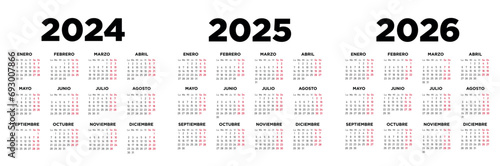 Calendario 2024 2025 2026 en español. Semana comienza el lunes. Sábados y domingos en rojo. Ilustración 