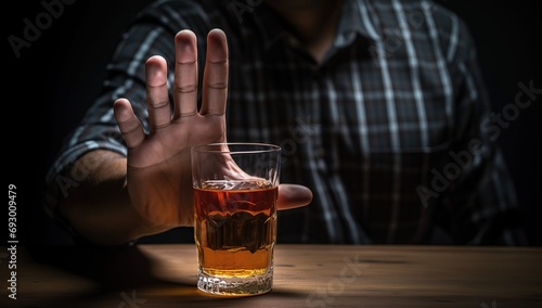 A man in a plaid shirt is declining a glass of whiskey, showing a hand in a gesture of refusal. The concept of giving up alcohol