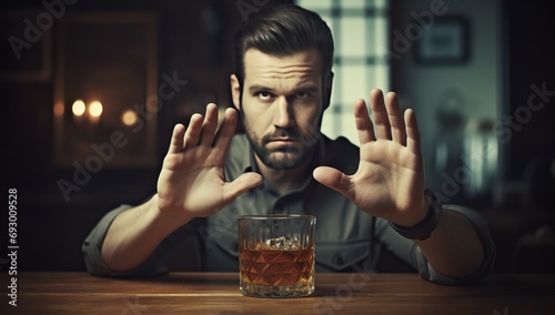 A man in a grey shirt with a serious expression makes a "stop" gesture in front of a glass of whiskey on the table. The concept of giving up alcohol