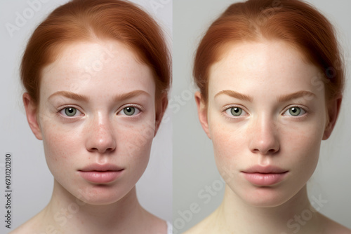 Anti-aging treatments with retinol. Portrait of girl before and after applying cosmetic cream, serum