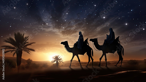 The Biblical Wise Men going to Bethlehem to see the birth of the baby Jesus of Nazareth. Generative AI