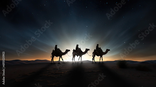 The Biblical Wise Men going to Bethlehem to see the birth of the baby Jesus of Nazareth. Generative AI
