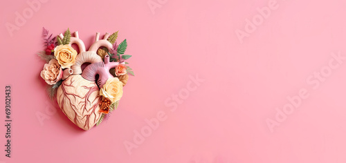 Medical Worker's Day. Anatomical heart in flowers on pink background