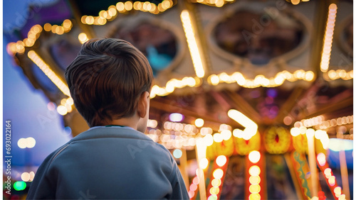 Um menino de costas, olhando o carrossel todo iluminado em um parque de diversões.