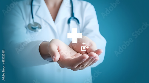 Hand choose healthcare medical icon. Health insurance health concept. access to serve welfare health and copy space.