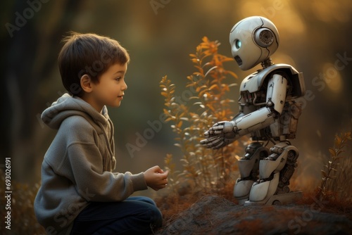 Smiling cute little robot and boy on nature background.