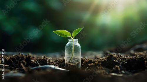 Close-up of a green sprout growing out of the ground in plastic bottle, reuse and recycle concept. Recycle plastic, stop pollution, sunny day.