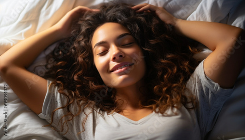 Young woman resting on a comfortable bed, smiling generated by AI