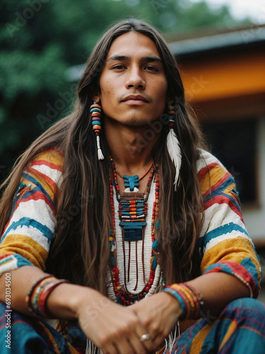 Retrato de hombre joven nativo americano, en escena contemporánea vestido de forma tradicional 