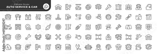 Set of line icons in linear style. Set - Car service, auto repair and tire fitting. Outline icon collection. Pictogram and infographic. Editable stroke.