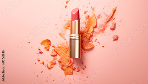 lipstick product crackles on peach fuzz flatlay background: 2024 color of the year