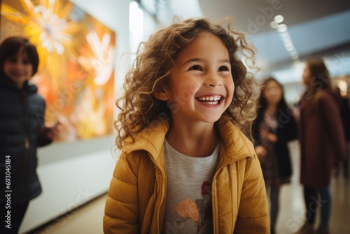 Gleeful childhood: a young girl's joyful moment at an art gallerychild, girl, smiling, happy, art gallery, joy, curly hair, yellow jacket, childhood, laughter, cheerful, museum, bright, youth, inn