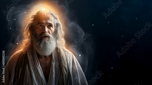 Close up portrait of a Prophet with bright yellow halo behind him, isolated on black background, copy space, 16:9