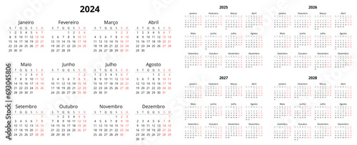 PORTUGUESE calendars 2024, 2025, 2026, 2027, 2028 years. Printable vector illustration set for Portugal