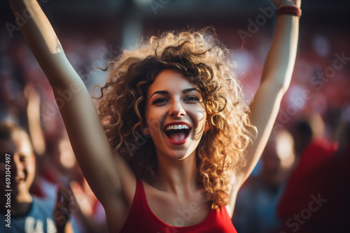 Enthusiastic woman in red, cheering for victory in a sports competition. Diverse team spirit. Generative ai image