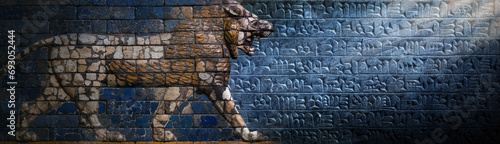 Ancient cuneiform Sumerian text and relief of a lion, a mythical Assyrian deity. Historical background on the theme of civilizations of Assyria, Mesopotamia, Babylon, interfluve, Sumerian.