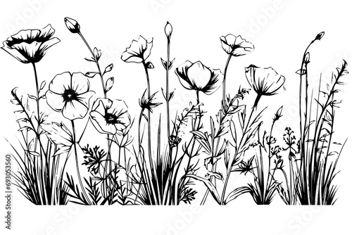 Hand drawn ink sketch of meadow wild flower landscape. Engraved style vector illustration