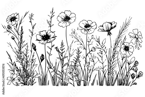 Hand drawn ink sketch of meadow wild flower landscape. Engraved style vector illustration