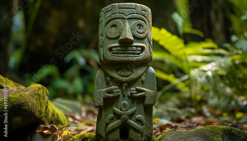 Ancient idol sculpture symbolizes spirituality in tropical rainforest generated by AI