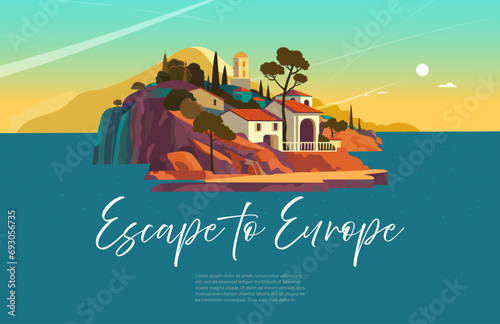 Summer, travel and resort.Travel Tourism to Europe. landscape of a small typical European town ocean rocky coast for a background, poster or cover coast Travel vector banners. Flat style.