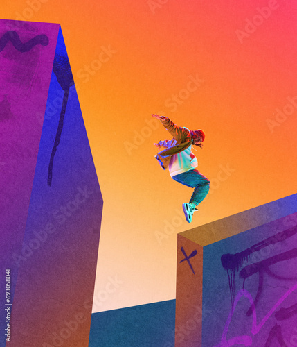 Athletic man in sport style clothes doin tricks, practicing parkour outdoors. Jumping on buildings. Contemporary art collage. Concept of creativity, sport, urban style, hobby, active lifestyle