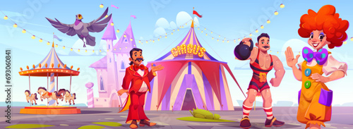 Circus or carnival artists in amusement park. Cartoon vector illustration of performers welcome to show at funfair. Presenter, clown and strongman in front of carousels, castle and cirque tent.