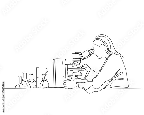 Continuous one line drawing of female scientist working using microscope. Research and science concept - line art illustration. Editable stroke. 