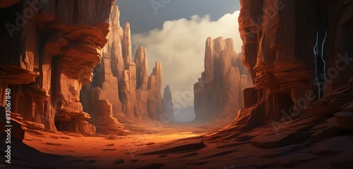 A surreal canyon with layered rock formations blending into the vastness of the sky
