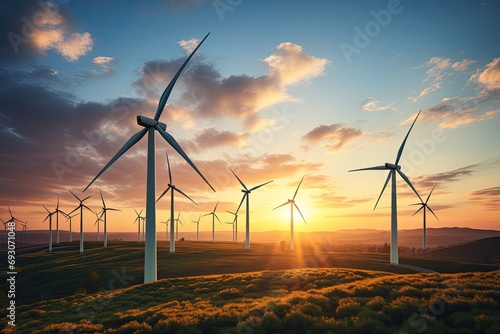 Striking visual representation of renewable energy with wind turbines against a colorful sunset sky, sustainability