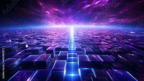 cyan blue and purple matrix concept grid, futuristic layout landscape, digital technology, AI, artificial intelligence, landscape, video game background, 3d space