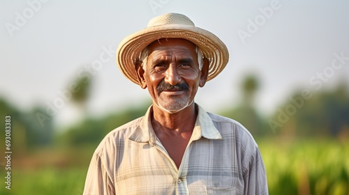 A confident portrait of a happy Indian farmer in rural India concept on white background. 