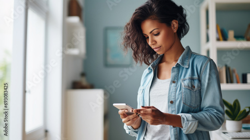 Smiling woman holding er smartphone at home