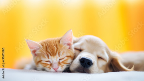 chien et chat endormi ensemble collé l'un à l'autre pour la sieste