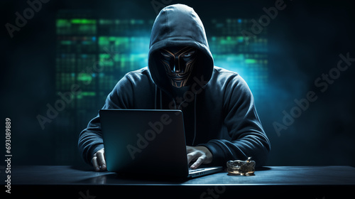 Concept of hacker stealing data from laptop or attempting phishing scams.