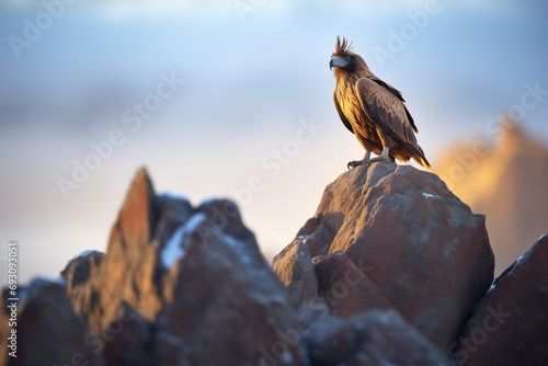 golden eagle perched on rocky outcrop at sunset