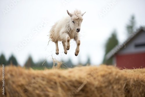 pygmy goat jumping off a small haystack